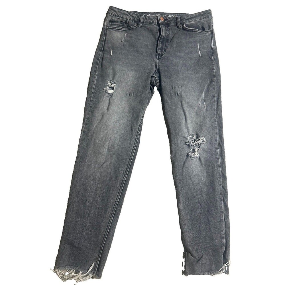 Calvin Klein Jeans High Rise Mom Jeans Womens 32 Gray Distressed Tapered Denim